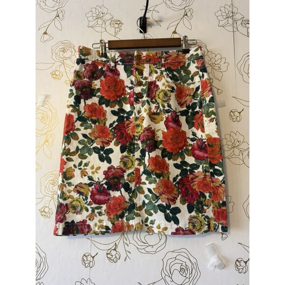 Maeve Anthropologie Skirt Size 8 Denim Red Flowers Pencil Knee Length 057 - Picture 2 of 8
